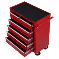 Carrello Porta Utensili con 5 Cassetti, Serratura, 2 Chiavi e Manubrio Parete Smontabile 2 Ruote con Freno in Lamiera d'Acciaio EVA Rosso 67,5x33x77cm