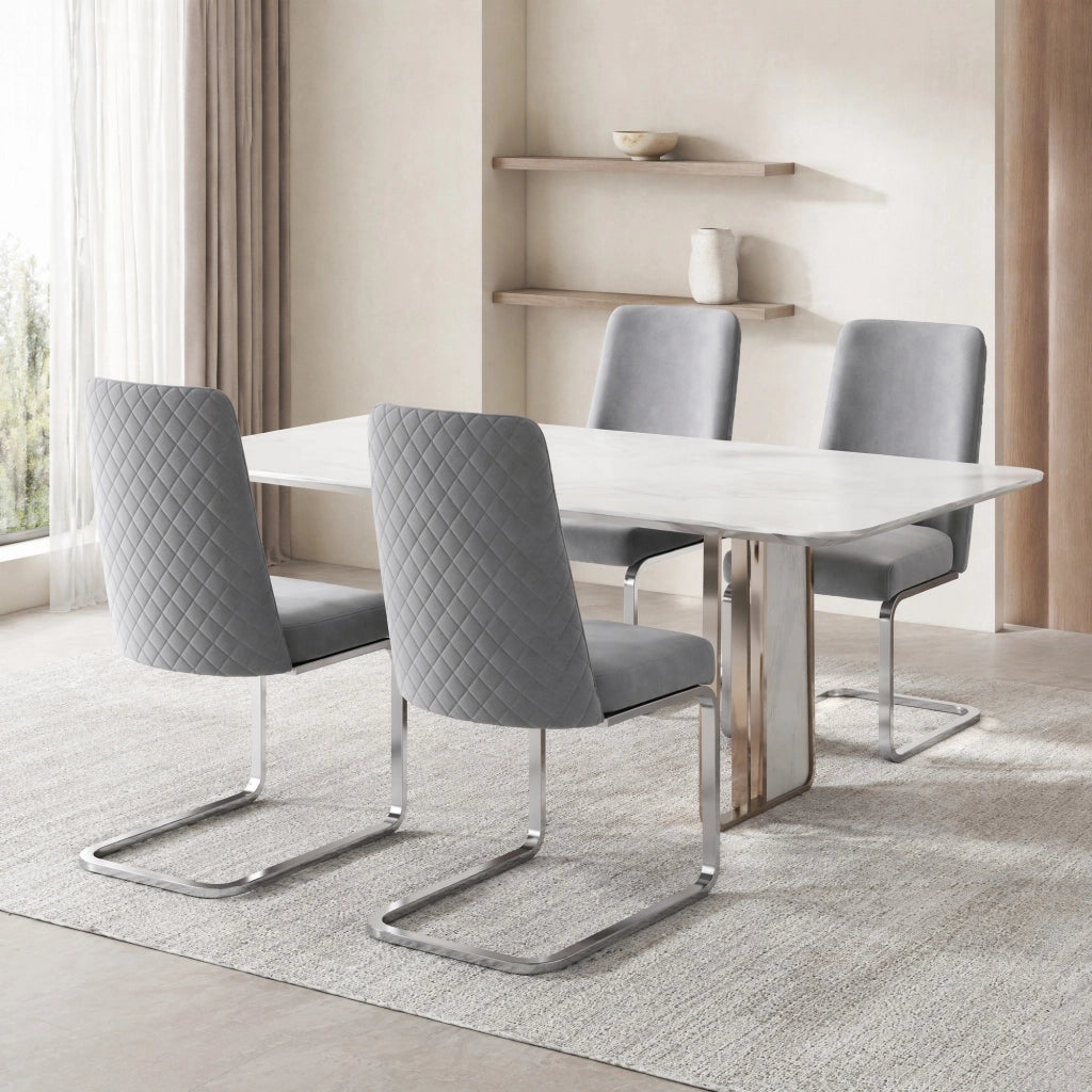 Set di 2 sedie da pranzo in velluto grigio con gambe in metallo argentato, schienale con design a rombi