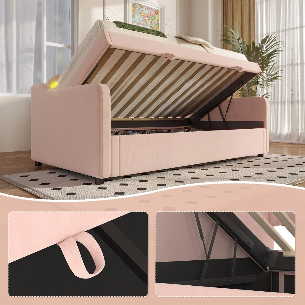 OKWISH Letto Divano 90×200 cm, Letto Singolo con Contenitore, LED Multicolore e Telecomando, senza Materasso, in Velluto, Rosa