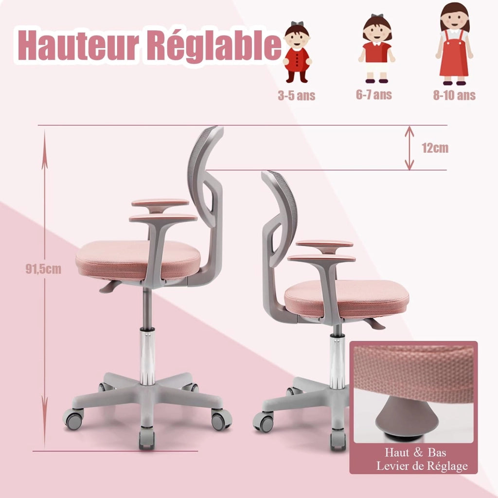 Sedia da scrivania per bambini, girevole a 360°, con seduta regolabile in altezza, 40-54 cm, per bambini, con schienale, braccioli e ruote, per bambini dai 3 ai 10 anni (rosa)