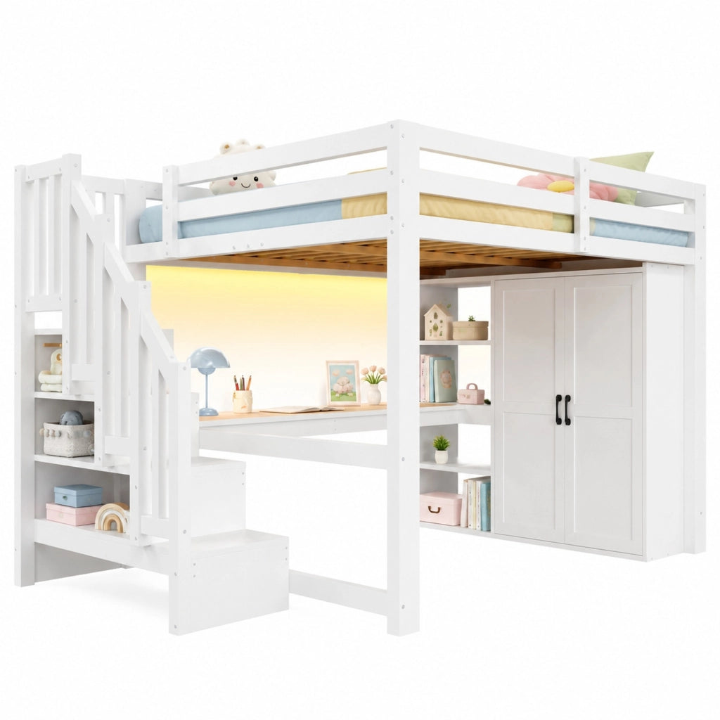Letto a soppalco 140x200 cm con scrivania, armadio e LED