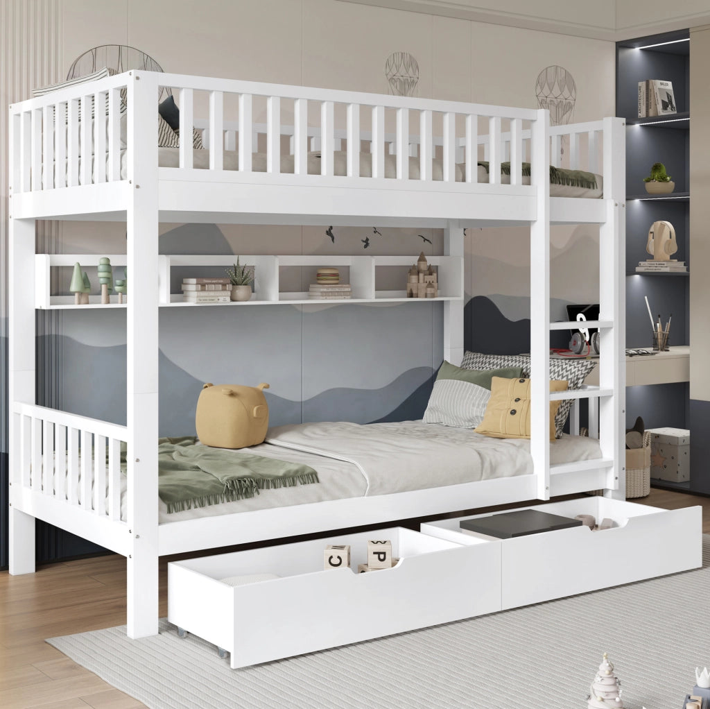 Letto a castello per bambini 90x200 cm bianco in legno di pino e MDF; con scala reversibile e spazio contenitivo