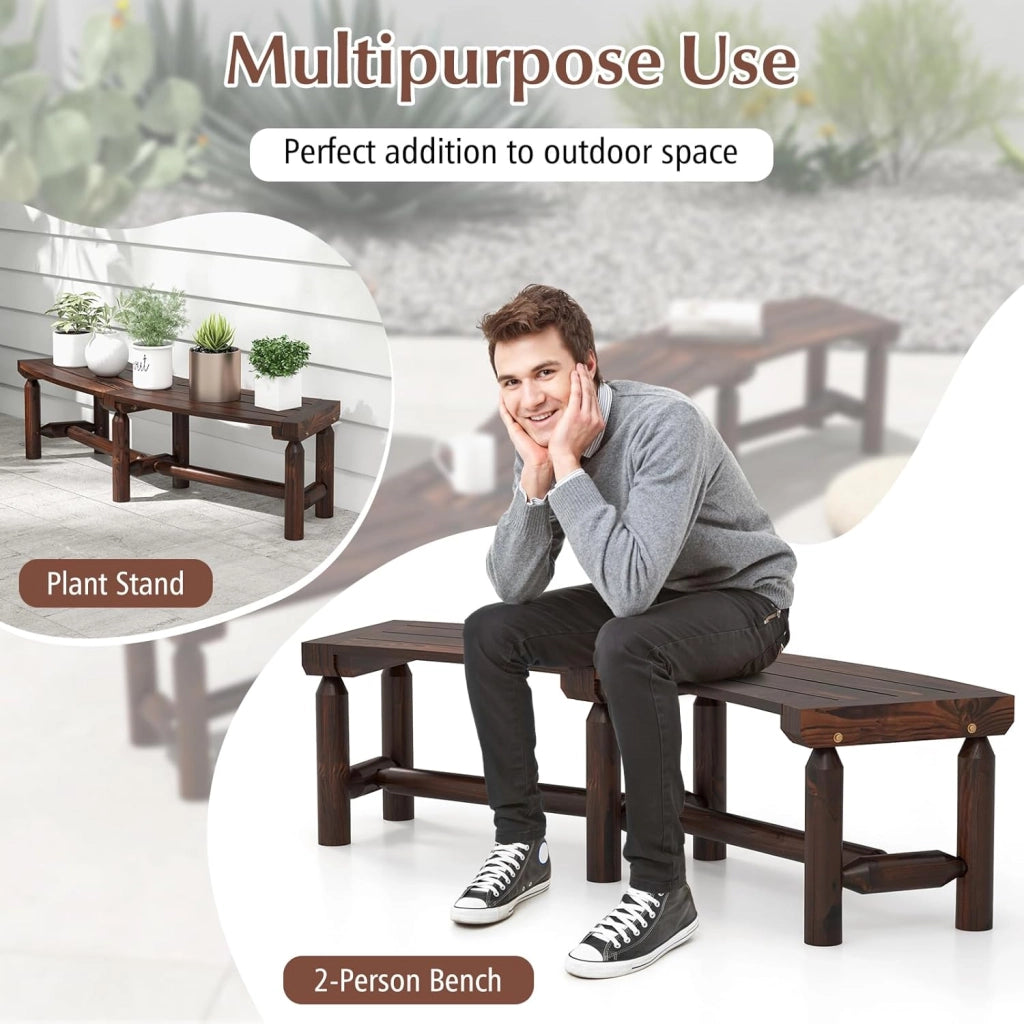 Panca da giardino resistente alle intemperie, in legno massiccio carbonizzato, portata fino a 325 kg, curva, 139 x 36 x 41 cm, QS44623DE