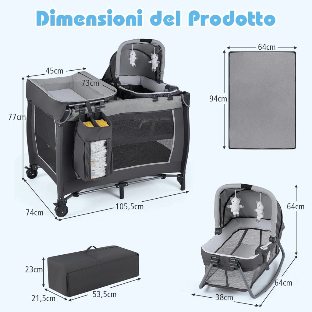 Culla Campeggio Bambini 5 in 1, Lettino Viaggio Neonati Pieghevole con Materasso, Fasciatoio e Tettoia, Box Portatile con Ruote, 2 Giocattoli Appesi e Carillon, per Bambini 0-3 Anni (Grigio)