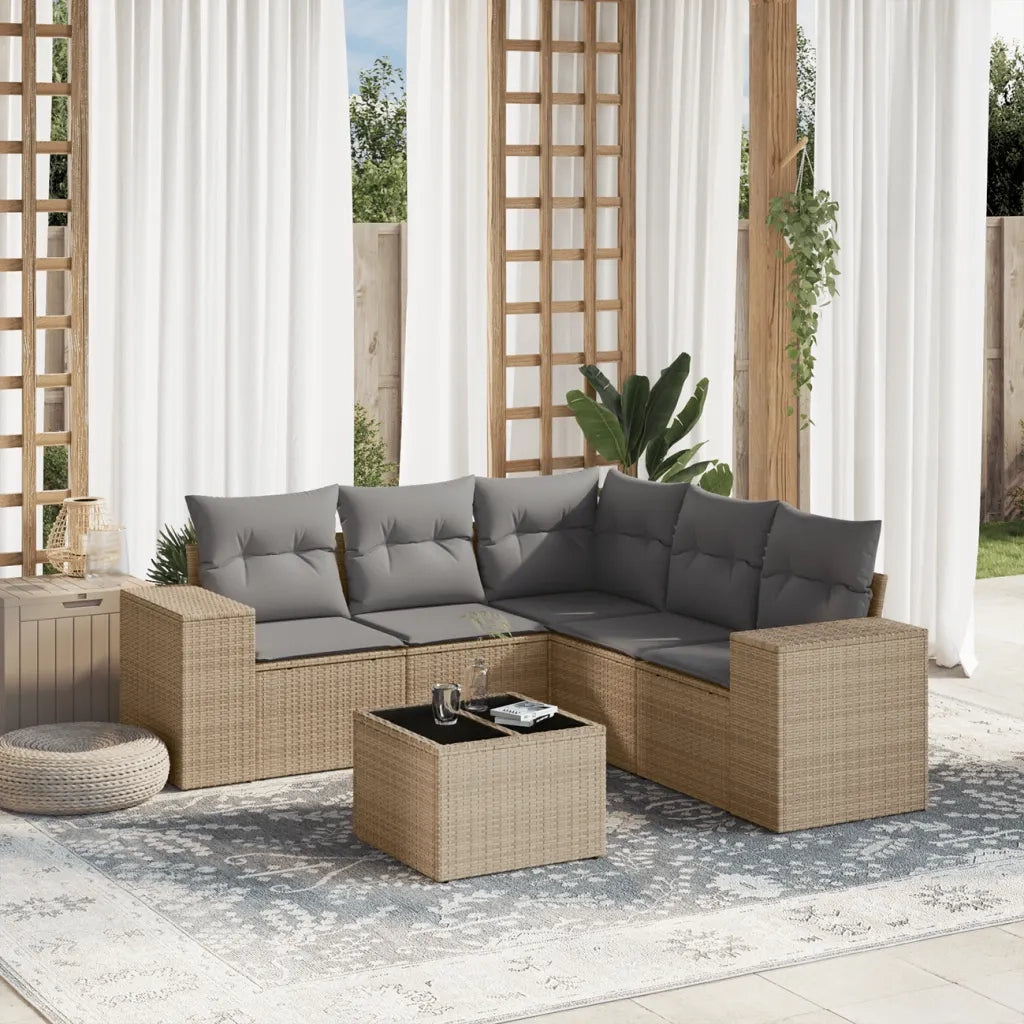 Set Divano da Giardino 6 pz con Cuscini Beige in Polyrattan
