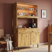 Credenza alta da sala da pranzo 100x40x185 cm con LED; prese e porte in vetro; rovere