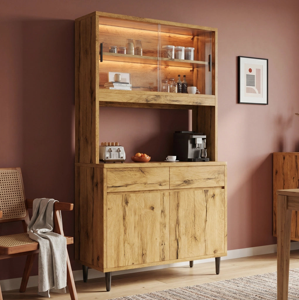 Credenza alta da sala da pranzo 100x40x185 cm con LED; prese e porte in vetro; rovere