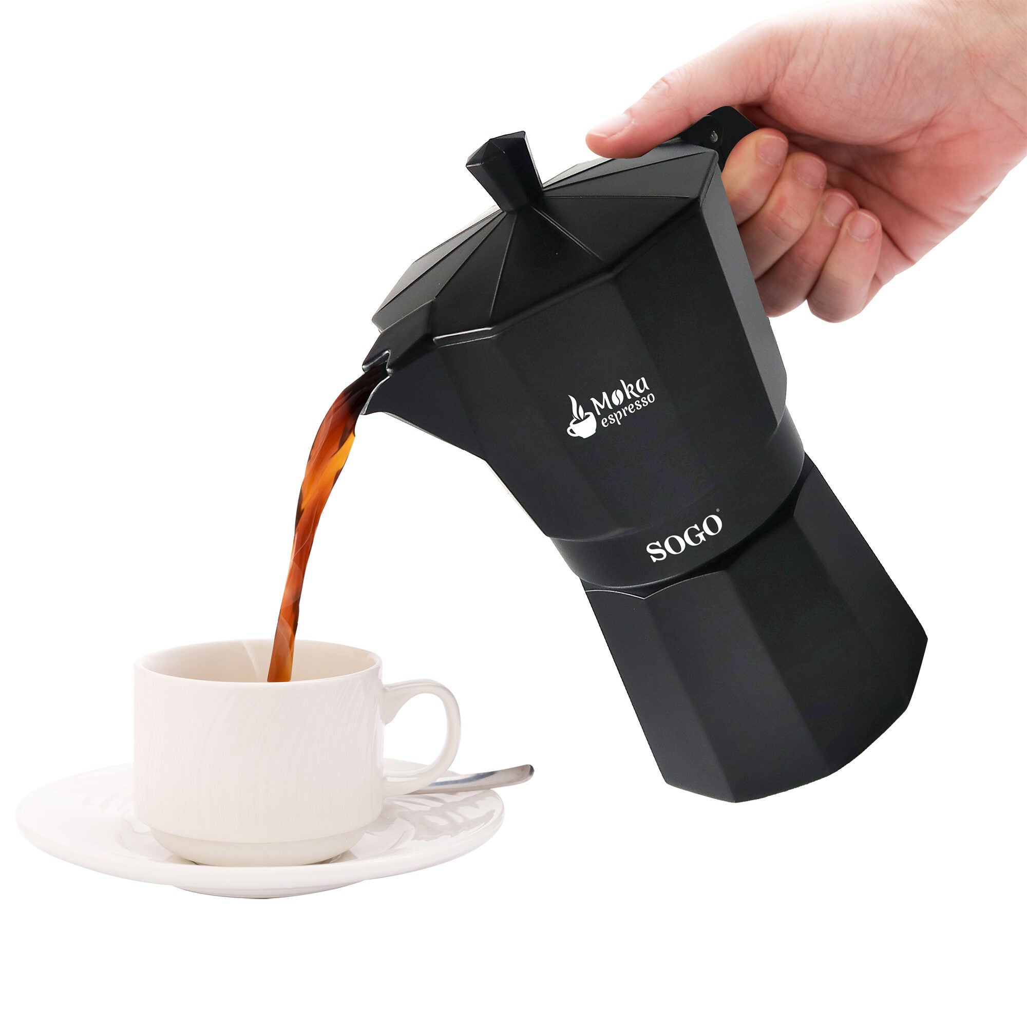 SOGO Caffettiera Moka Induzione 6 Tazze – Alluminio Nero, Base per Induzione, Gas, Elettrico e Vetroceramica