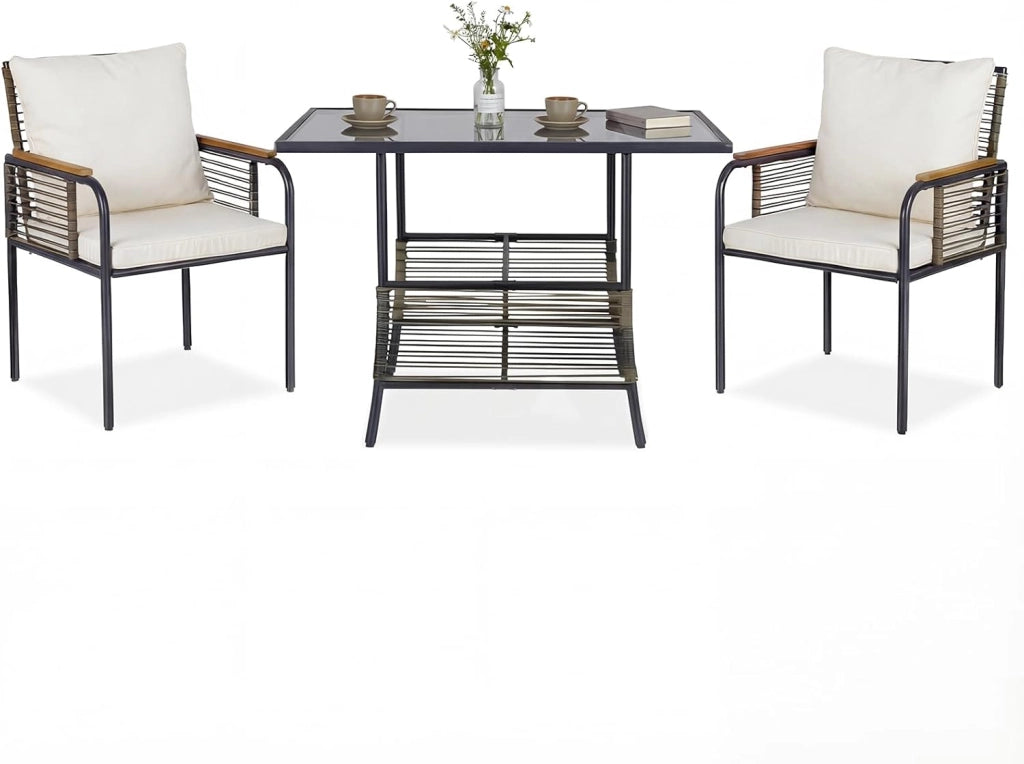 Set Salottino da Giardino in Vimini, Set di Mobili da 3 Pezzi per Esterno Salvaspazio con Cuscini, Tavolo Rettangolare e Sedie in Rattan per Balcone, Veranda, Giardino e Cortile (Beige)