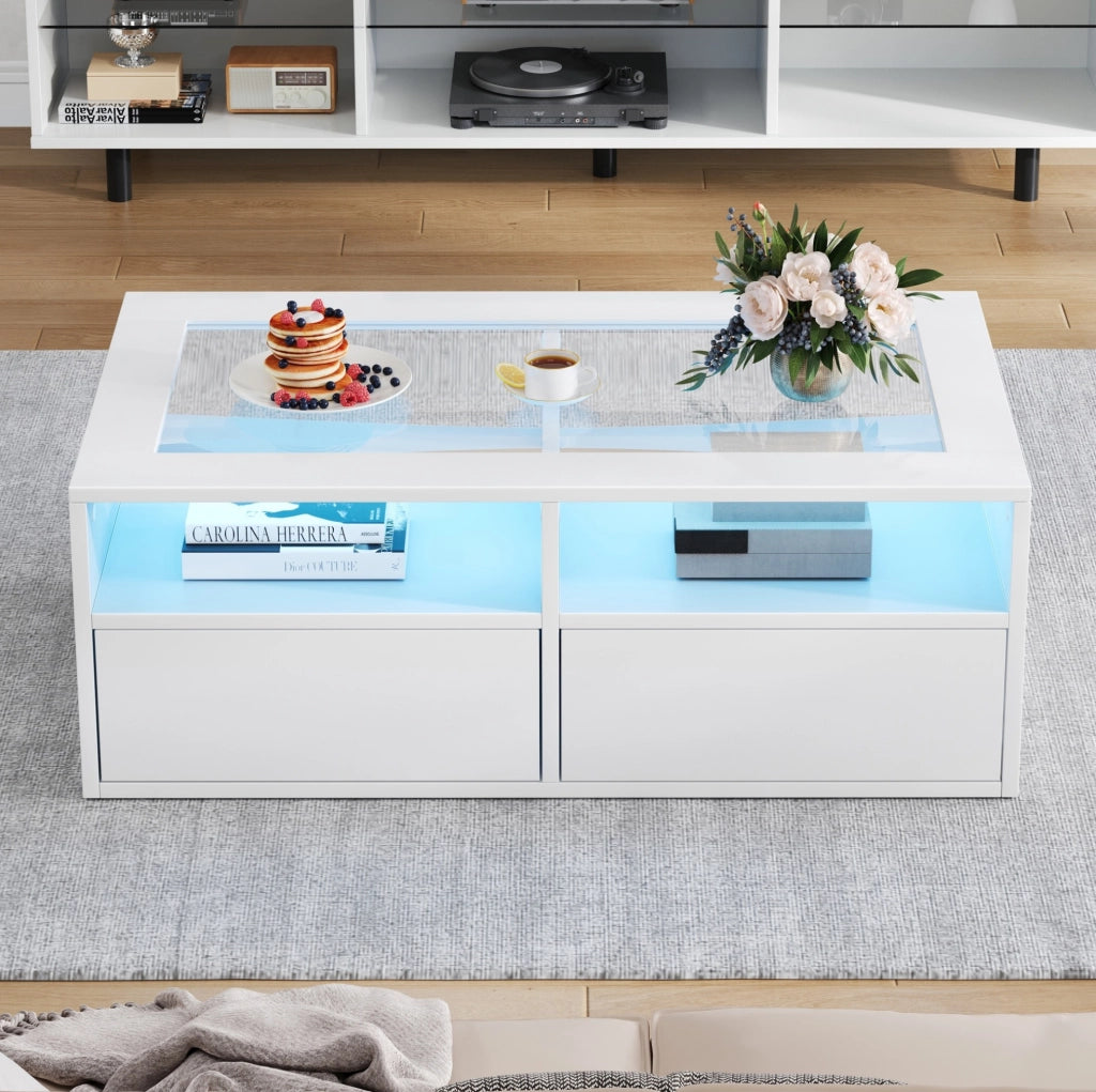 Complemento d’arredo moderno con piano in vetro, LED e pratico spazio contenitivo