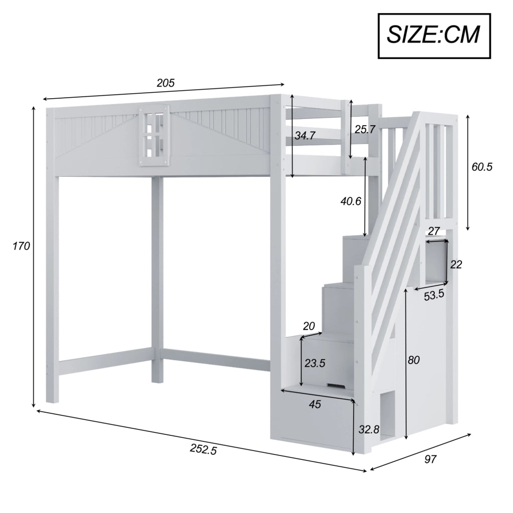Letto a soppalco 90x200 cm in legno massello con scala reversibile e vano contenitore; grigio