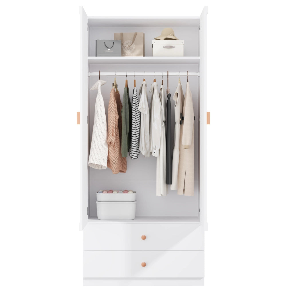 Armadio a 2 ante con 2 cassetti e asta appendiabiti; 90×45×200 cm; bianco