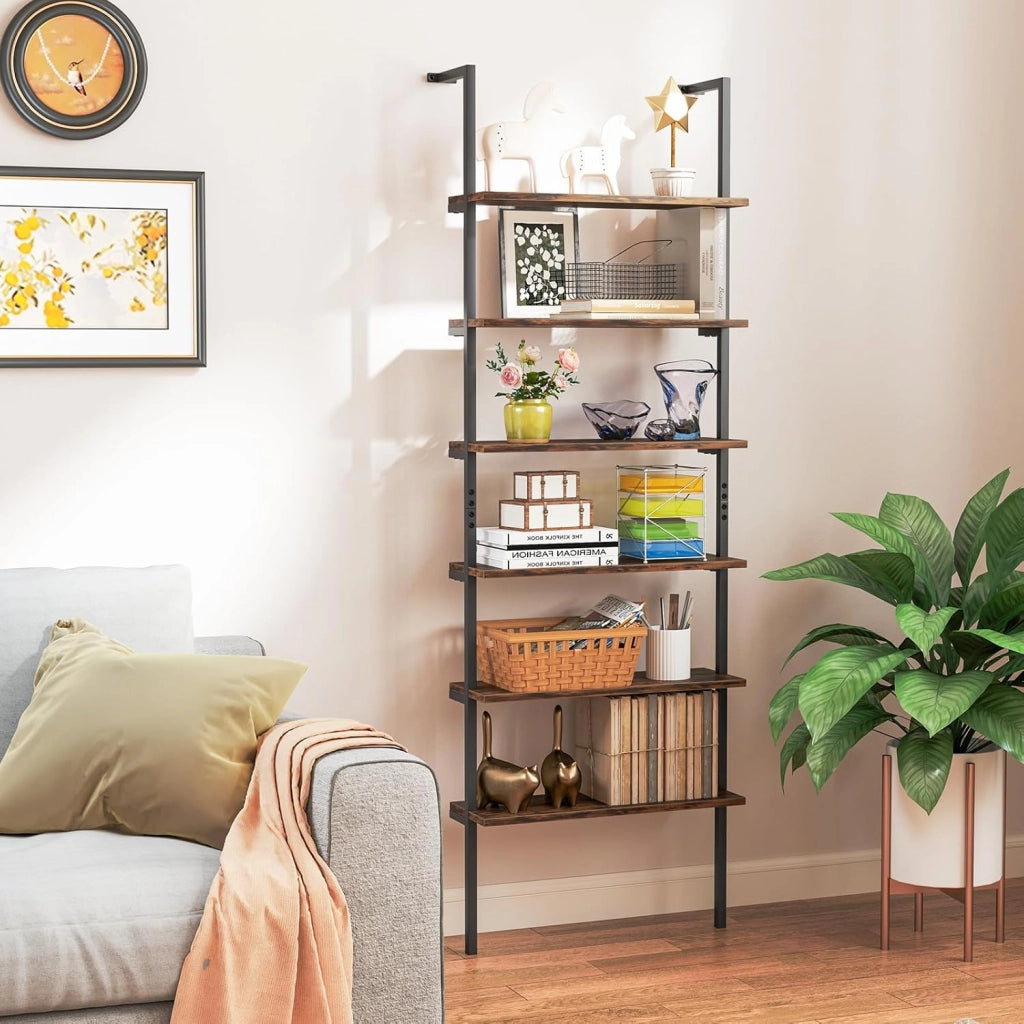 Libreria a 6 ripiani, 60 x 20 x 183 cm, scaffale industriale con telaio in metallo, scaffale espositivo per home office e soggiorno (marrone)