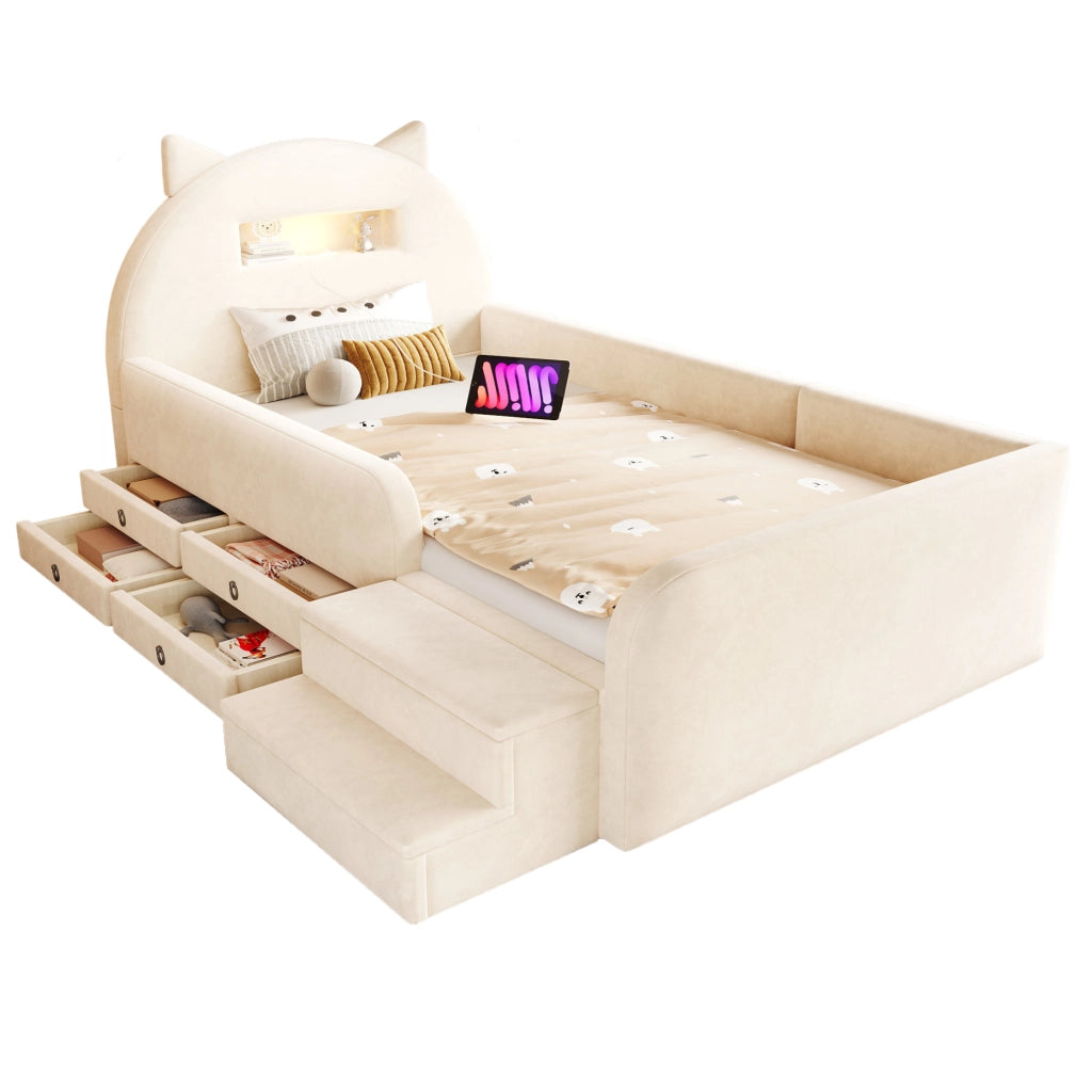 Letto imbottito per bambini 90x200 cm con contenitore; luce notturna e USB in velluto beige