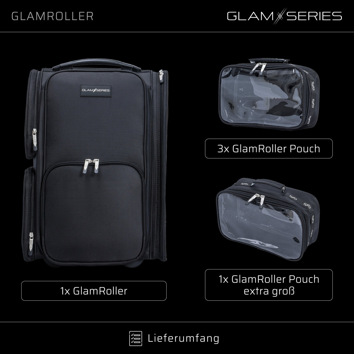 GlamSeries GlamRoller Trolley, valigia per trucco con 4 trousse, valigetta per make-up artist con scomparto con protezione termica, organizer per makeup artist, parrucchieri