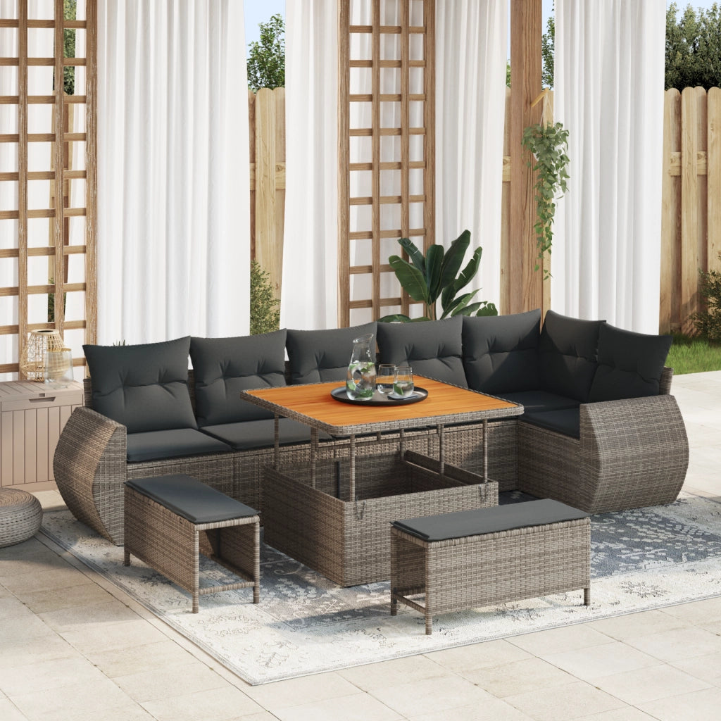Set di divani da giardino  9 pezzi con cuscini grigio polyrattan acacia
