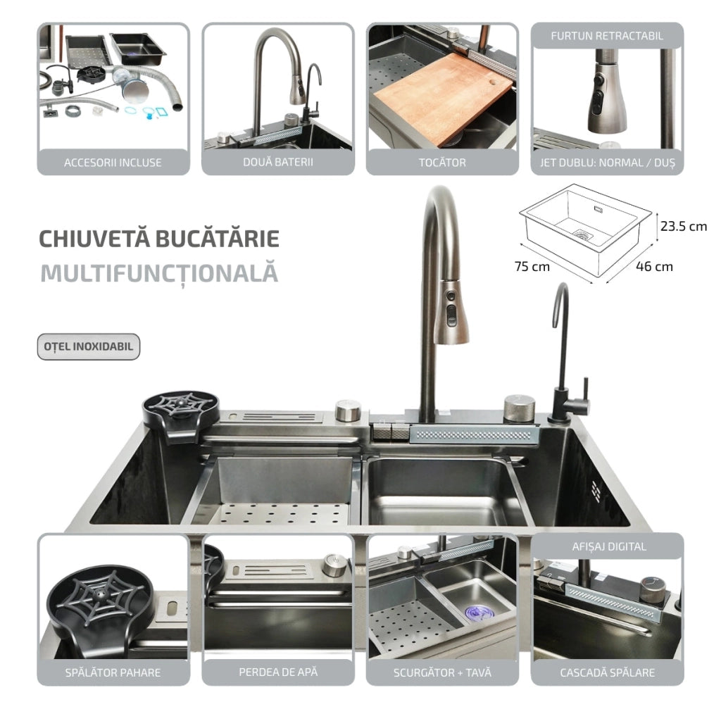 Lavello da cucina multifunzionale in acciaio inox con due rubinetti, display digitale della temperatura, funzione cascata, lavapentole, scolapiatti, vassoio, tagliere e accessori di scarico inclusi, dimensioni 75×46×23,5 cm.