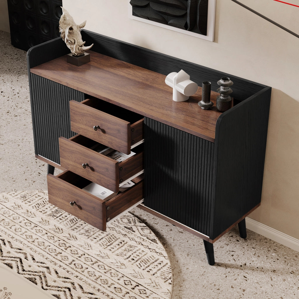 Credenza e Madia con 2 Ante Scorrevoli; 3 Cassetti; Ripiani Regolabili; Stile Moderno; in Pannelli di Particelle; 117;5??40??80 cm; Nero