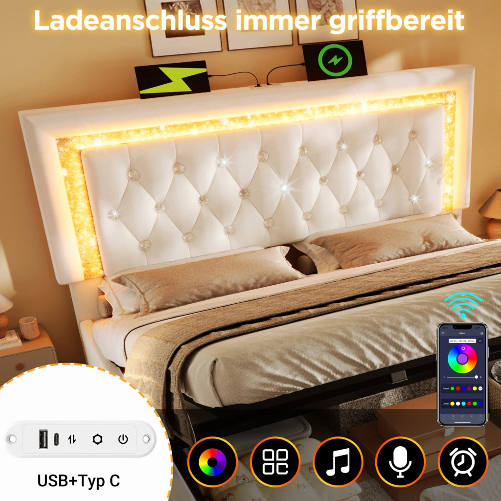 Letto matrimoniale 160x200 in velluto con LED, USB-C e materasso