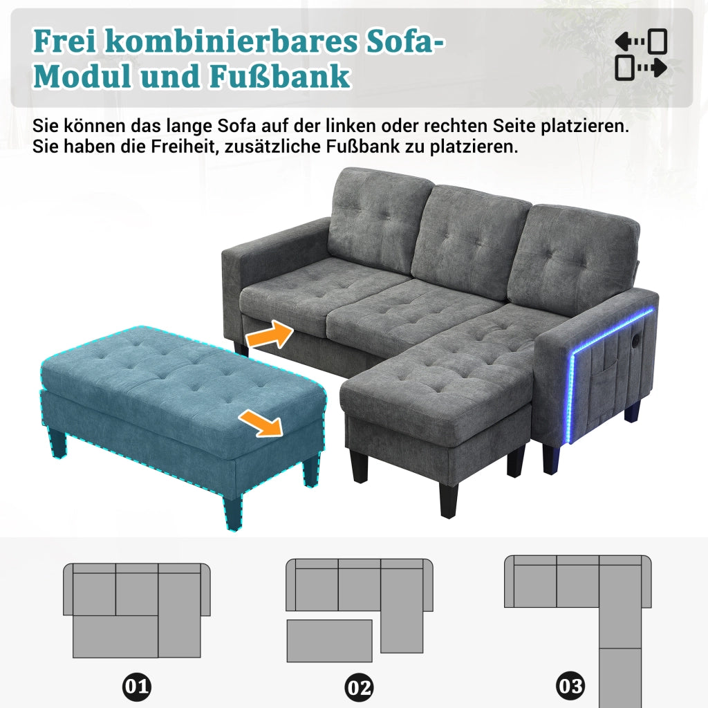 DIVANO LETTO ANGOLARE L-Form 156x115 cm Chenille Grigio con LED e USB