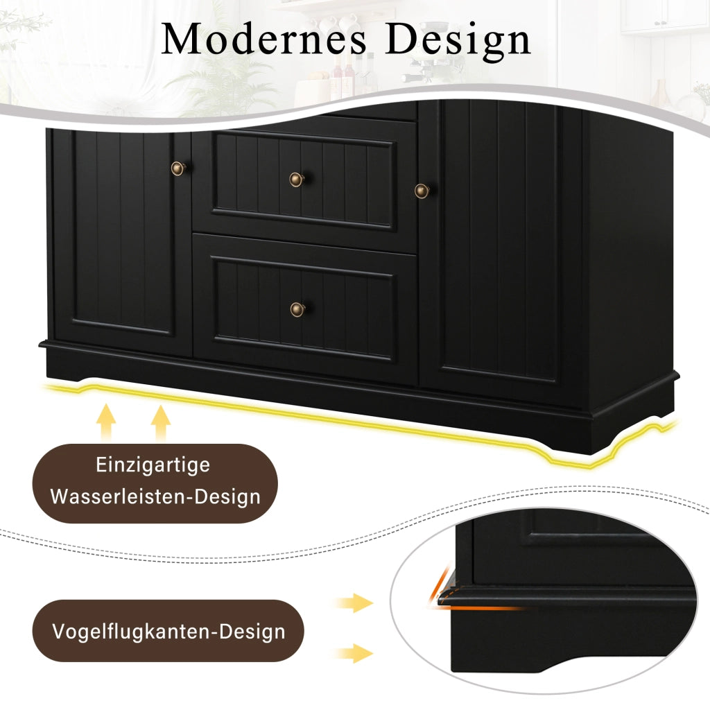 Credenza e madia moderna con 3 cassetti e ante, per soggiorno e sala da pranzo, in MDF, nero, 126 × 40 × 86 cm
