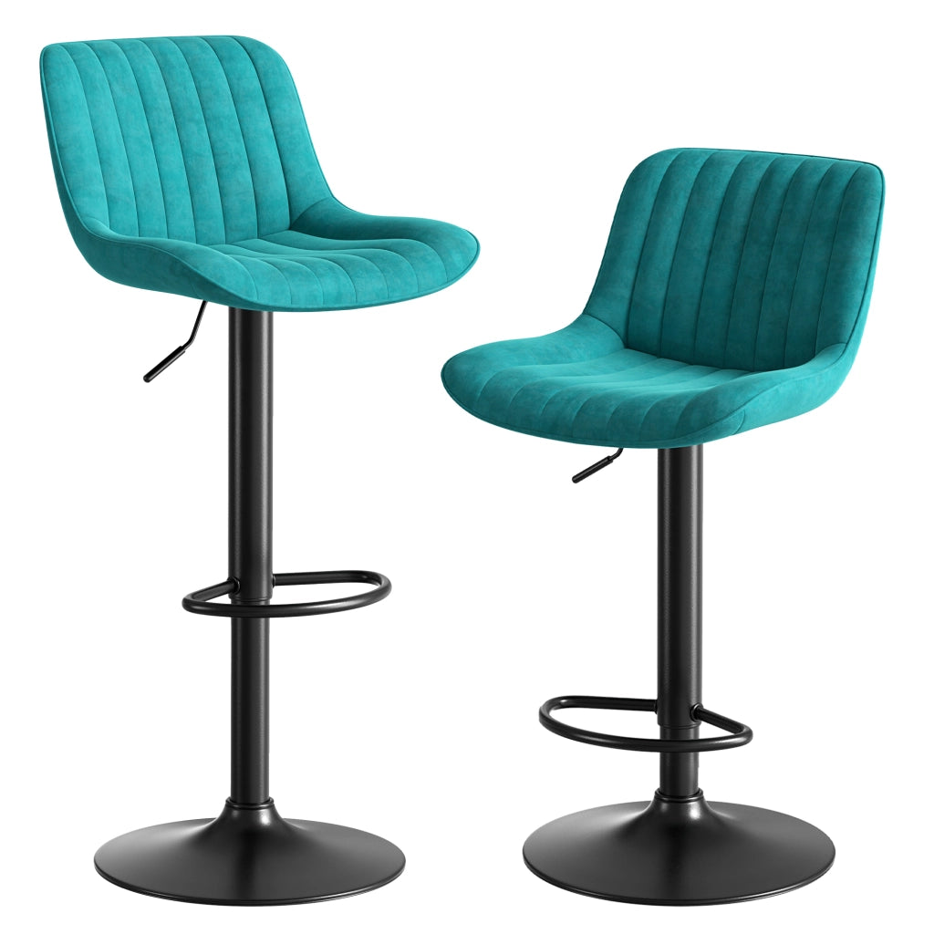 Set di 2 Sgabelli da Bar Girevoli e Regolabili in Altezza con Schienale; Metallo; Legno e Velluto; Blu