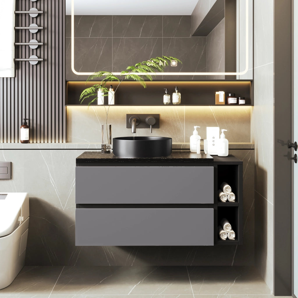 Mobile sottolavabo con cassetti e vano aperto; lavabo rotondo in ceramica; per bagno; in MDF; nero e grigio