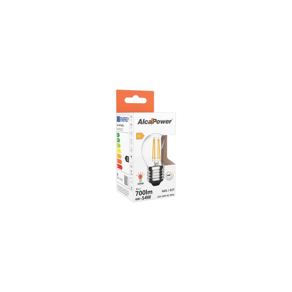 Alcapower Lampadina LED G45 a Filamento E27 6W 810lm 3000K Luce Calda - Vetro Trasparente, Efficiente e Durevole per Illuminazione d'Interni