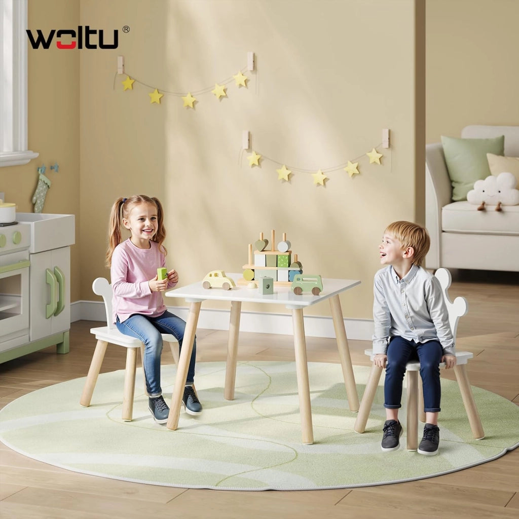 Set Tavolino Bambini e 2 Sedie con Schienale a Forma di Corona, Scrivania Cameretta per Asilo, in MDF + Legno, Bianco + Rovere Chiaro