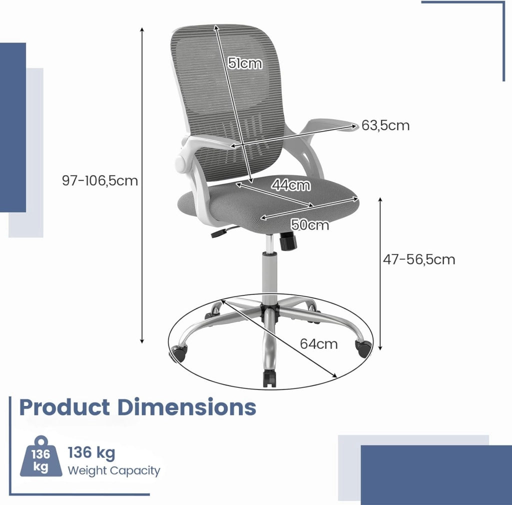 Sedia da ufficio in rete traspirante, sedia da scrivania ergonomica con altezza regolabile, braccioli pieghevoli, Cadeira girevole a 360° con ruote universali, carico 136 kg