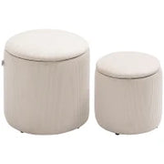 Set di 2 Pouf Contenitore Salvaspazio Rotondi e Imbottiti in Velluto a Coste, Bianco