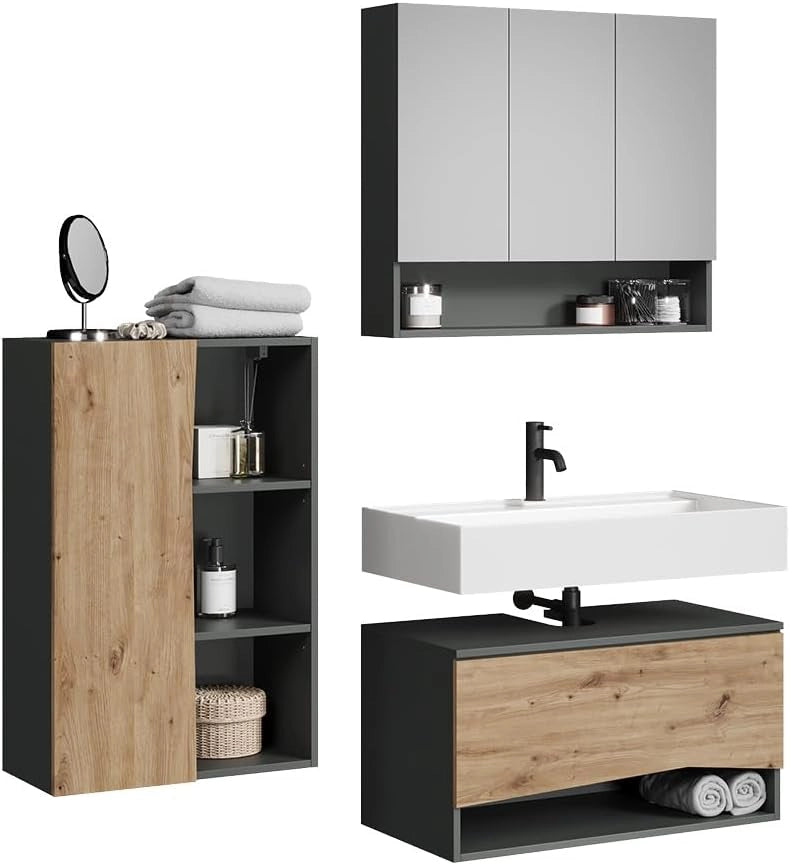 Set di mobili da bagno Willow, Artigiano, 80 cm, composto da mobile sottolavabo, specchiera e mobile medio