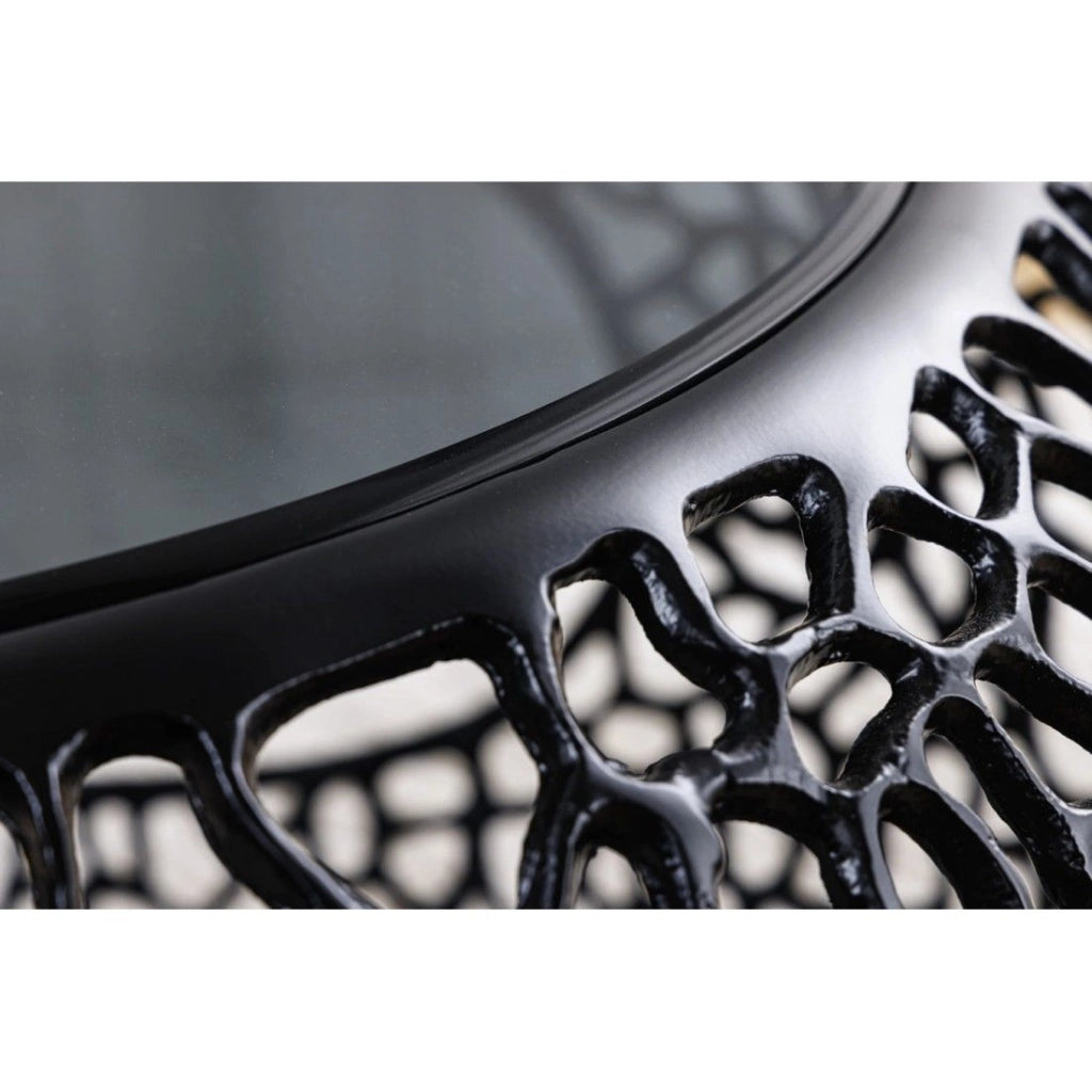 Tavolino METRIX rotondo 74 cm nero con piano in vetro temperato – Tavolino design con nicchie aperte