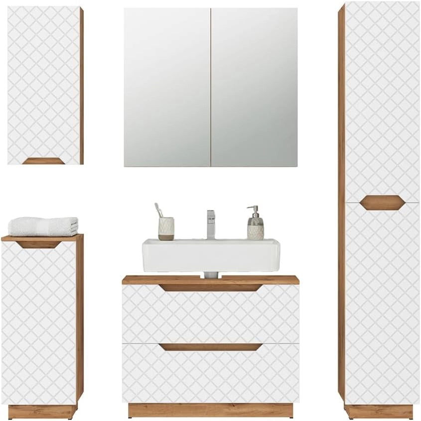 Set di mobili da bagno Lotta, Bianco, 79.6 cm, composto da mobile sottolavabo, specchiera, colonna, base media e pensile