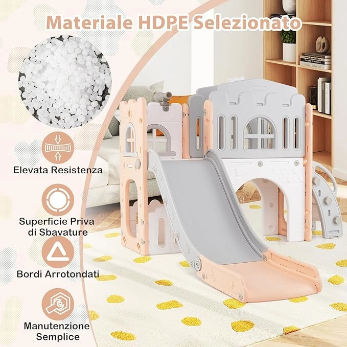 Scivolo per Bambini 9 in 1, Set da Gioco con Canestro da Basket, Telescopio, Volante, Corridoio, Tunnel e Spazio di Archiviazione, Scivolo da Interno ed Esterno per 1+ Anni (Rosa+Grigio)