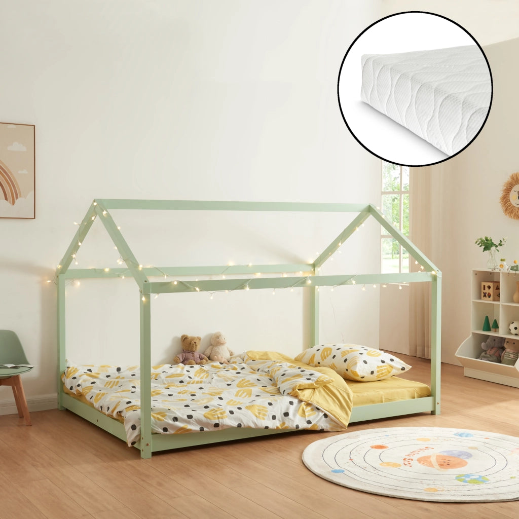 Letto per Cameretta Cerro a Forma di Casetta con Materasso 120 x 200 cm Menta Verde [en.casa]