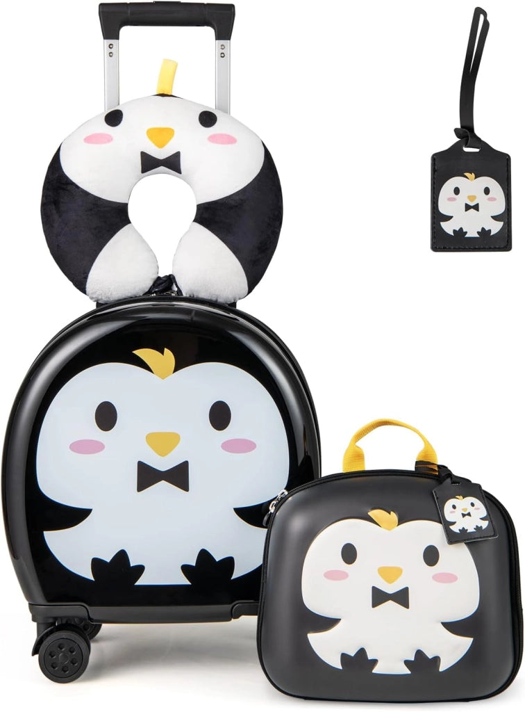 Set di Valiglie per Bambini, Set da 4 Pezzi con Trolley, Zaino, Cuscino per Collo ed Etichetta per Bagaglio, Valigia a Mano da Viaggio con Ruote Universale e Maniglia Regolabile (Pinguino)