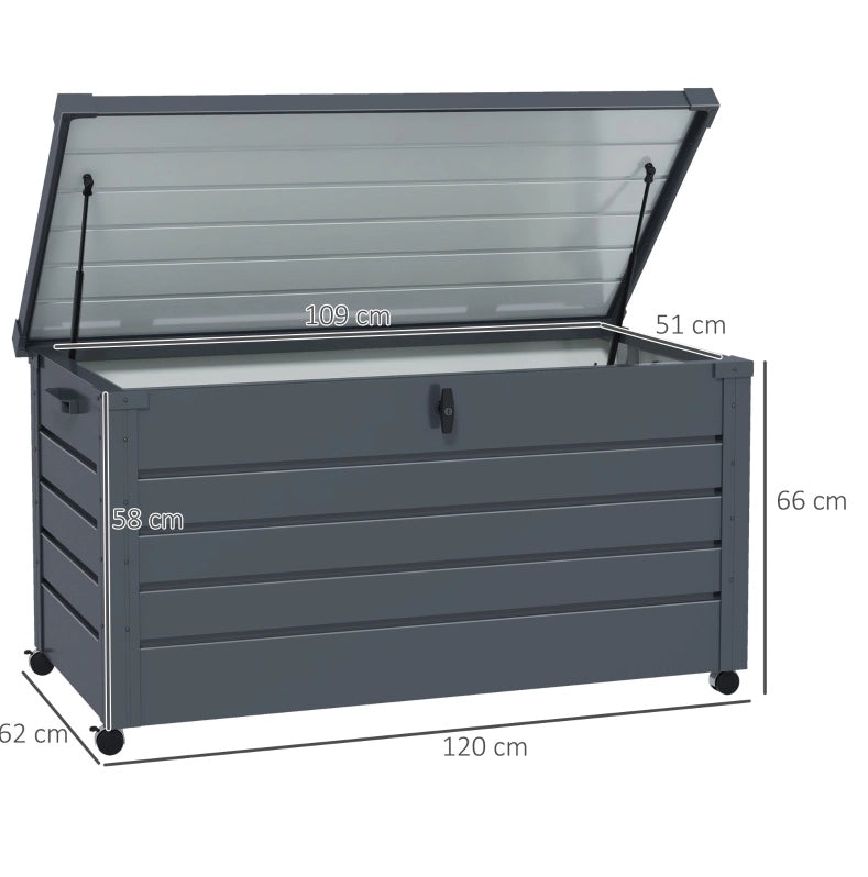 Box da giardino impermeabile in acciaio 311 L con ruote e coperchio chiudibile; grigio scuro