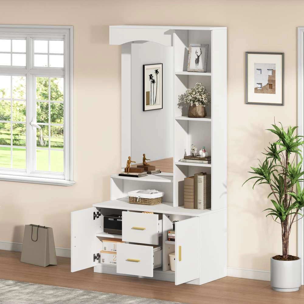 Mobile d'ingresso multifunzionale 90x40x180 cm, bianco ¨C armadio scarpe, specchio, 2 cassetti, 2 ante, ripiani ¨C per corridoio e soggiorno