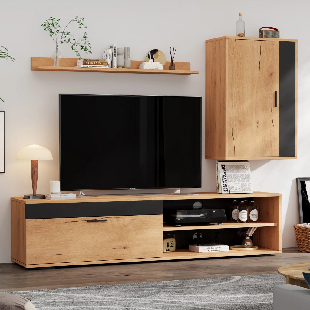 Mobile porta TV con pensile e mensola, 3 pezzi, in truciolato, effetto legno e nero, 140 × 35 × 39 cm