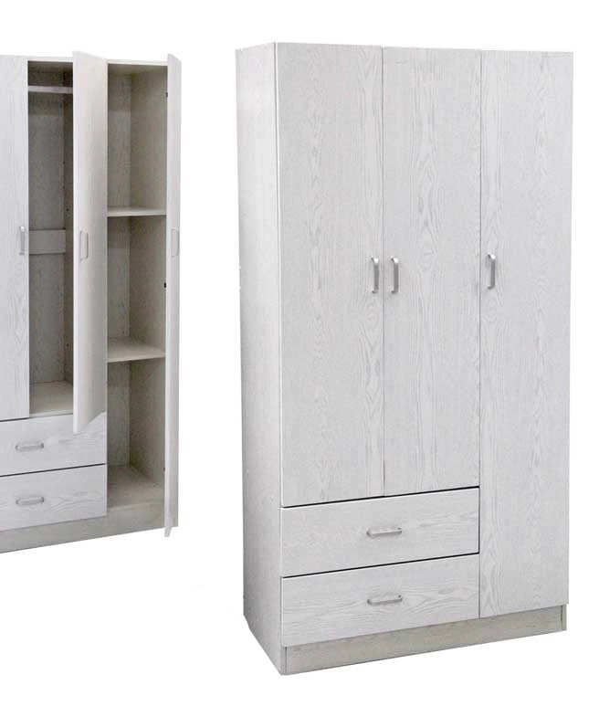 ARMADIO IN LEGNO CON 3 ANTE E CASSETTI, RIPIANI, APPENDIABITI, BIANCO 120 X 52 X 190 CM