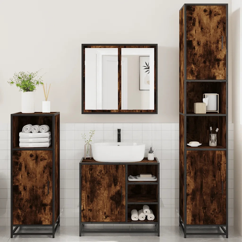 Set Mobili da Bagno 4 pz Rovere Fumo in Legno Multistrato
