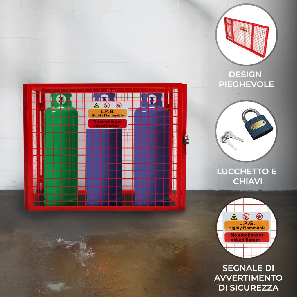 Gabbia di Sicurezza Pieghevole in Acciaio per Bombole di Gas - Contiene 3 Bombole da 19kg