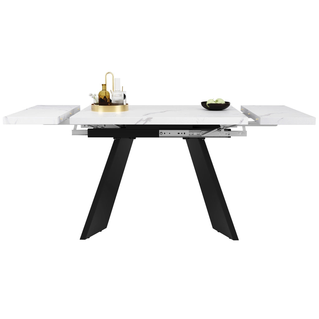 Tavolo allungabile con piano effetto marmo, in MDF e metallo, per cucina e soggiorno, bianco nero, 159 × 74 × 77 cm