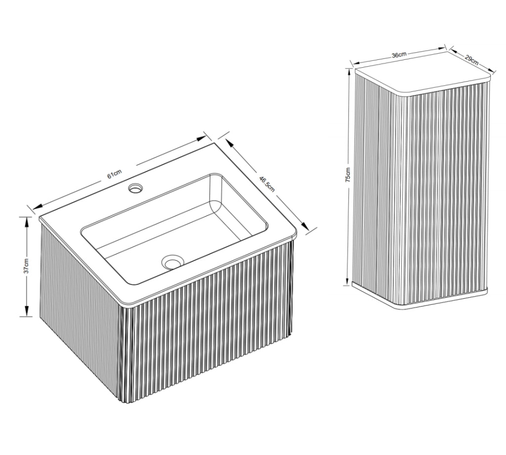 Armadietto da bagno con lavabo e mobile laterale, design moderno con scanalature, in MDF e solid surface, bianco