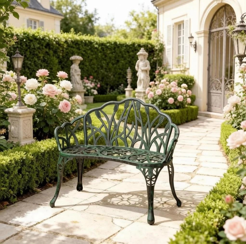 Panchina da giardino a 2 posti in alluminio pressofuso verde antico 99x57x78 cm