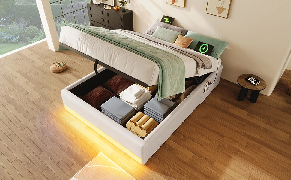 DESMIU Letto contenitore letto singolo 90 × 200 cm 1 posto con USB, Type-C, LED e tasche, senza materasso
