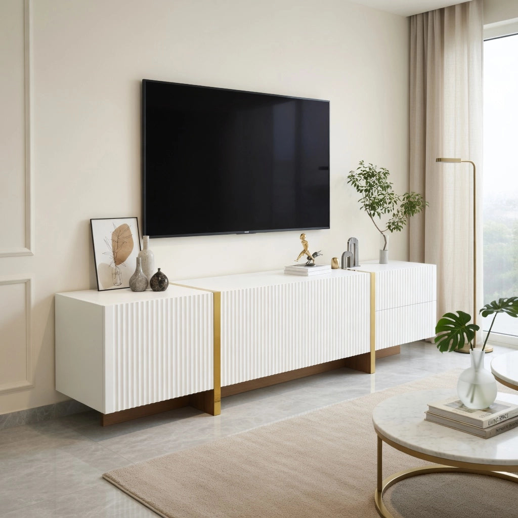 Cassettiera per TV bianca con finiture dorate e venatura legno; MDF e truciolare; 190 cm