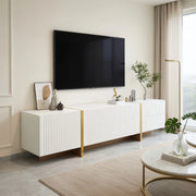 Cassettiera per TV bianca con finiture dorate e venatura legno; MDF e truciolare; 190 cm