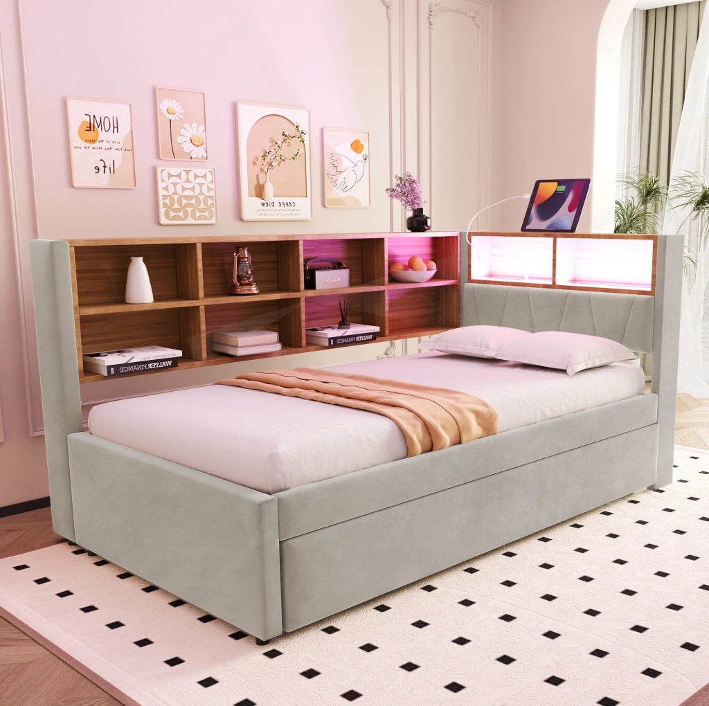 Divano letto singolo estraibile 90x200 cm con LED e USB